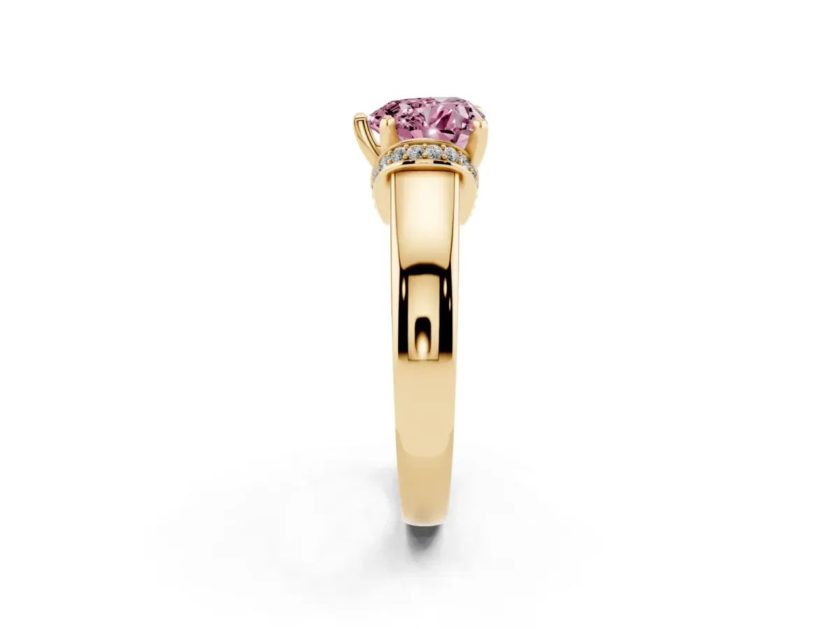 Fancy Pink Heart Cut Solitaire Diamond Ring with Pave Band and Six-Prong Setting Yellow gold