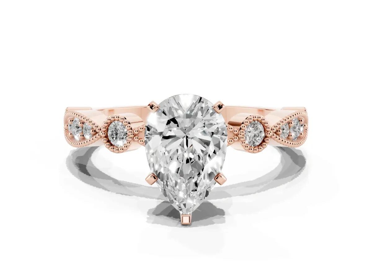 Pear Cut Milgrain Bezel Diamond Engagement Ring with Solitaire Prong Setting Rose gold