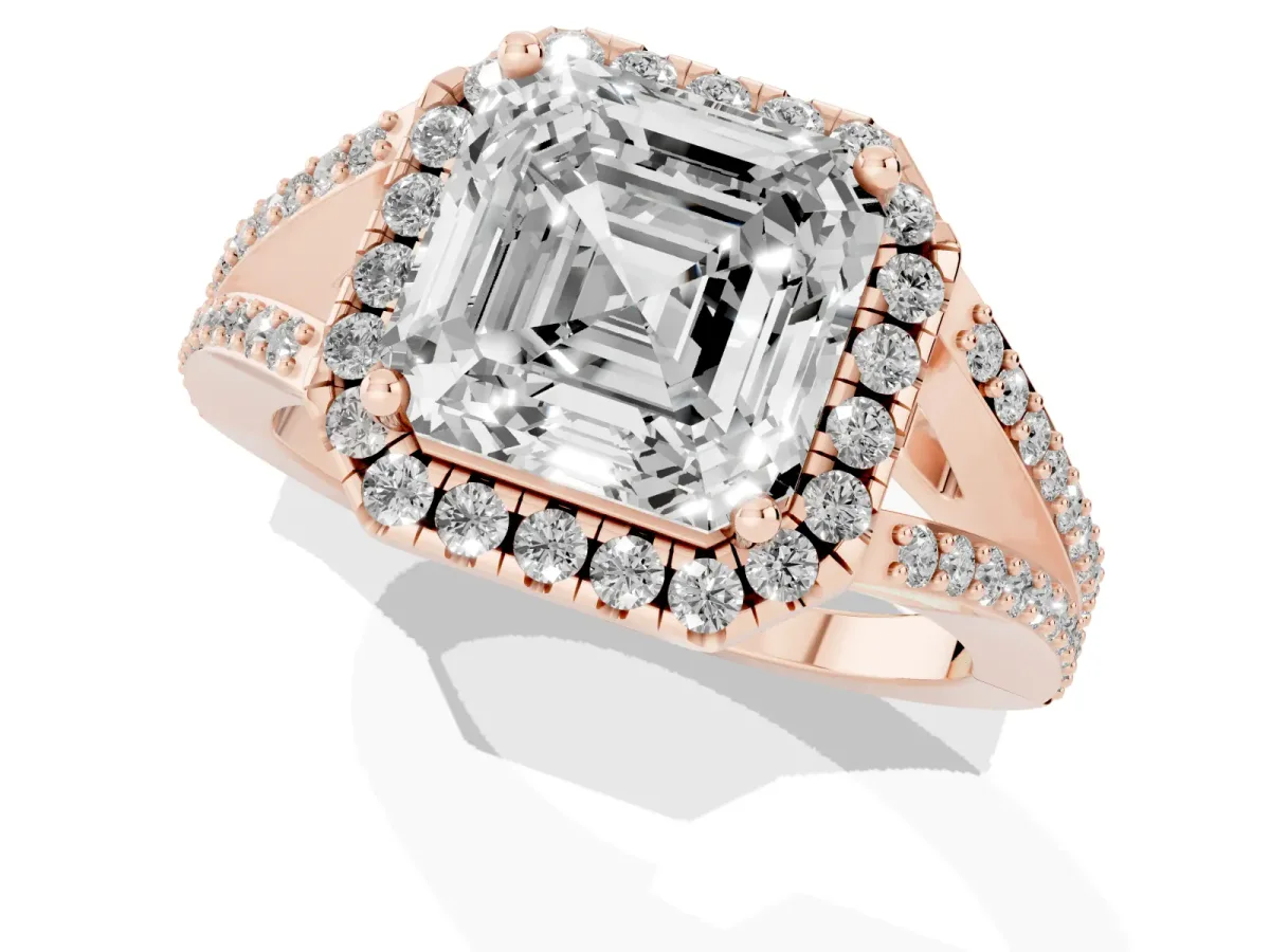 Asscher Cut Halo Split Shank Diamond Ring with Prong Setting Rose gold