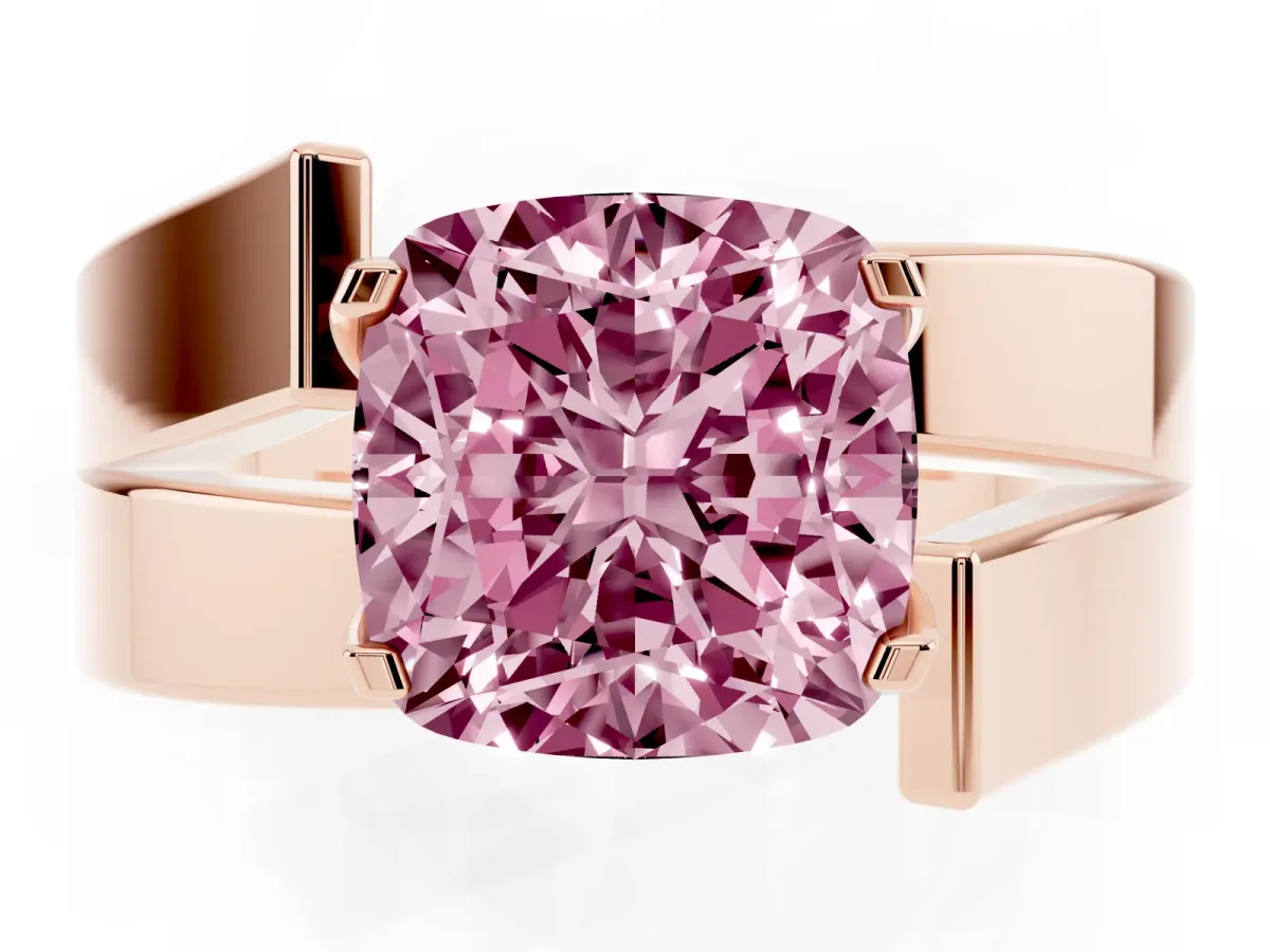 Fancy Pink Modern Tension Set Cushion Cut Diamond Solitaire Wide Band Ring Rose gold