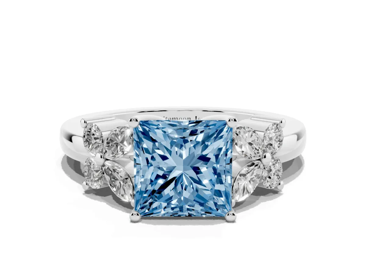 Fancy Blue Princess Cut Diamond Floral Cluster Ring with Solitaire Band and Prong Setting White gold