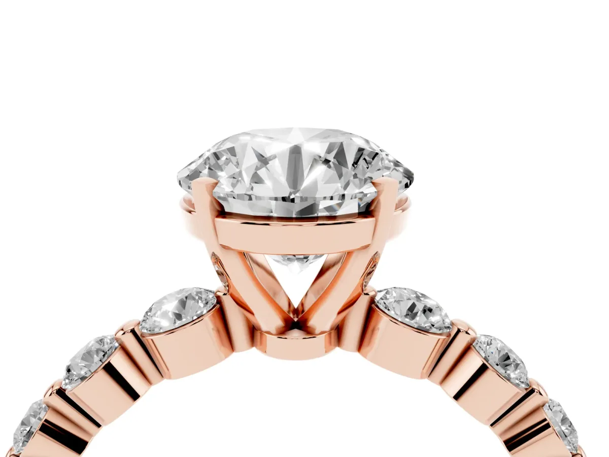 Round Cut Solitaire Diamond Ring with Pave Band and Four-Prong Setting Rose gold