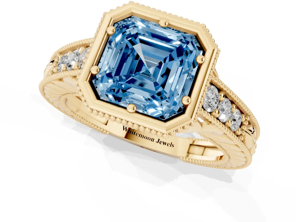 Fancy Blue Bezel Set Asscher Cut Diamond Milgrain Pave Engagement Ring Yellow gold
