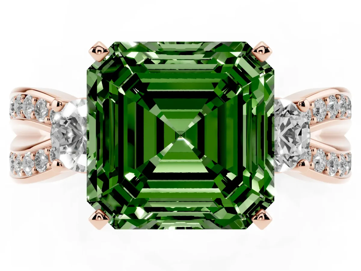Fancy Green Three-Stone Asscher Cut Cut Diamond Twist Band with Prong Setting Rose gold