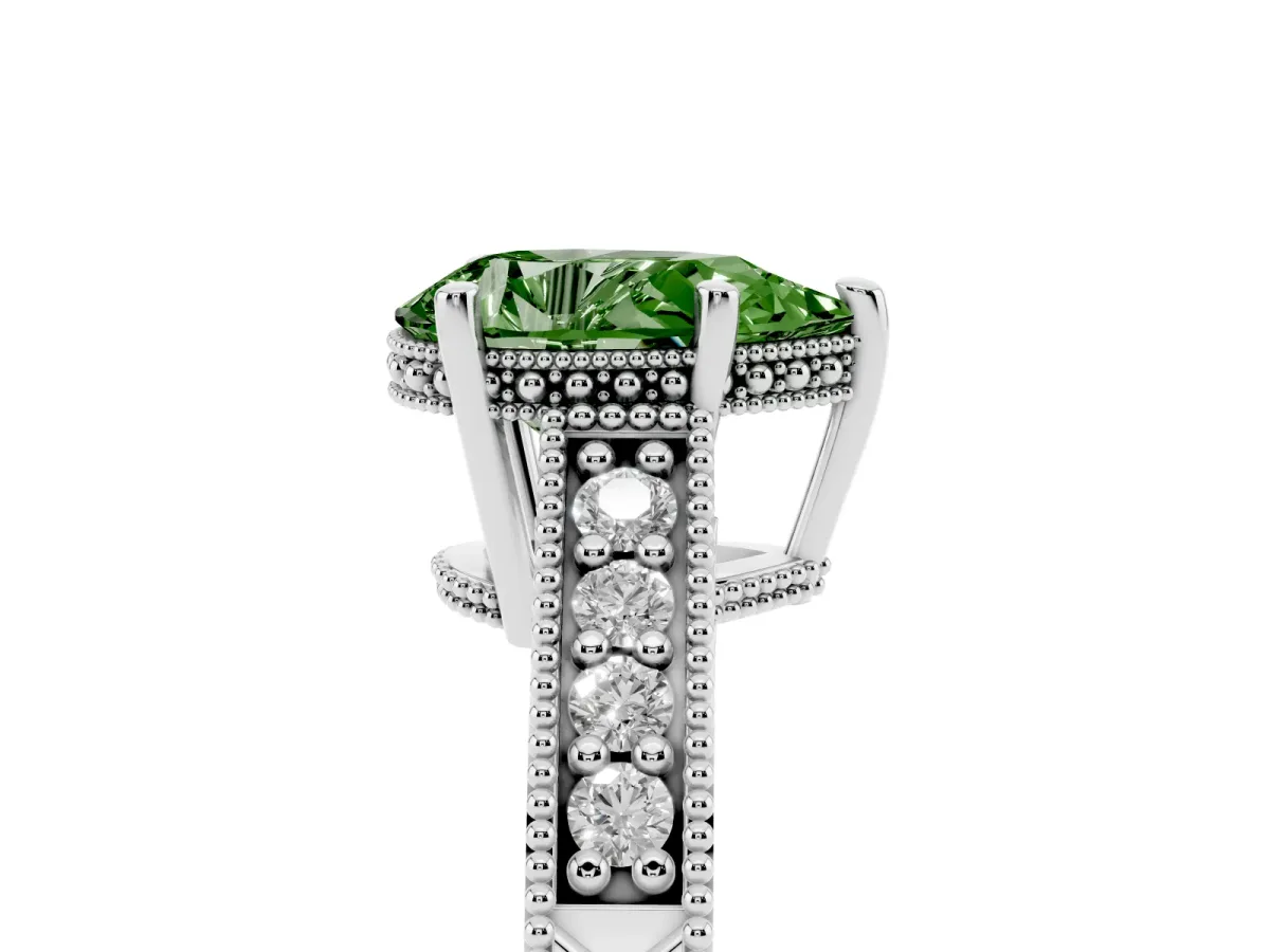 Fancy Green Pear Cut Solitaire Pavé Diamond Milgrain Engagement Ring with Four-Prong Setting Silver