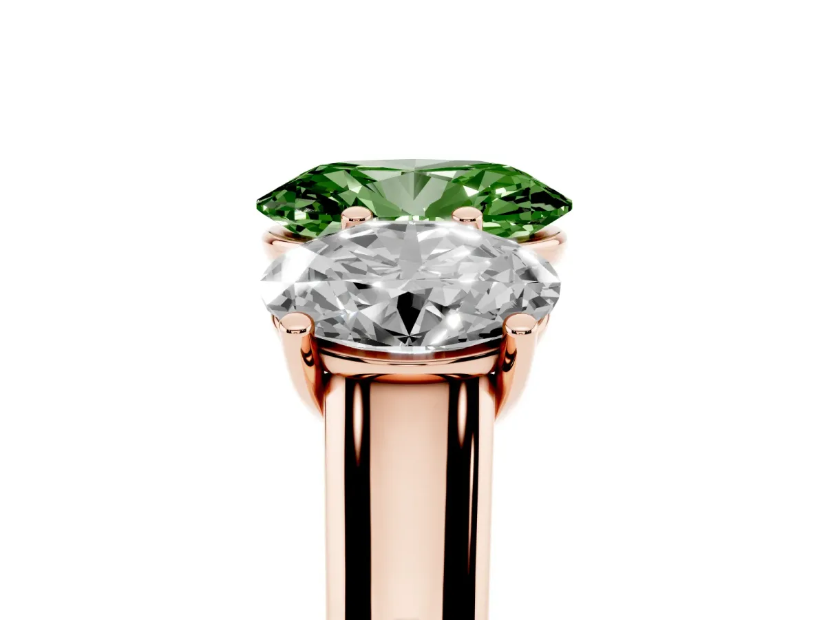 Fancy Green Oval Cut Three-Stone Diamond Ring with Prong Setting on a Classic Band Rose gold