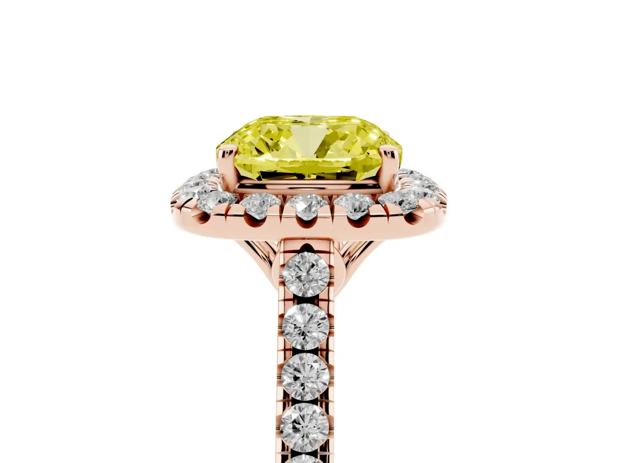Fancy Yellow Cushion Cut Halo Pavé Diamond Engagement Ring with Four-Prong Setting Rose gold
