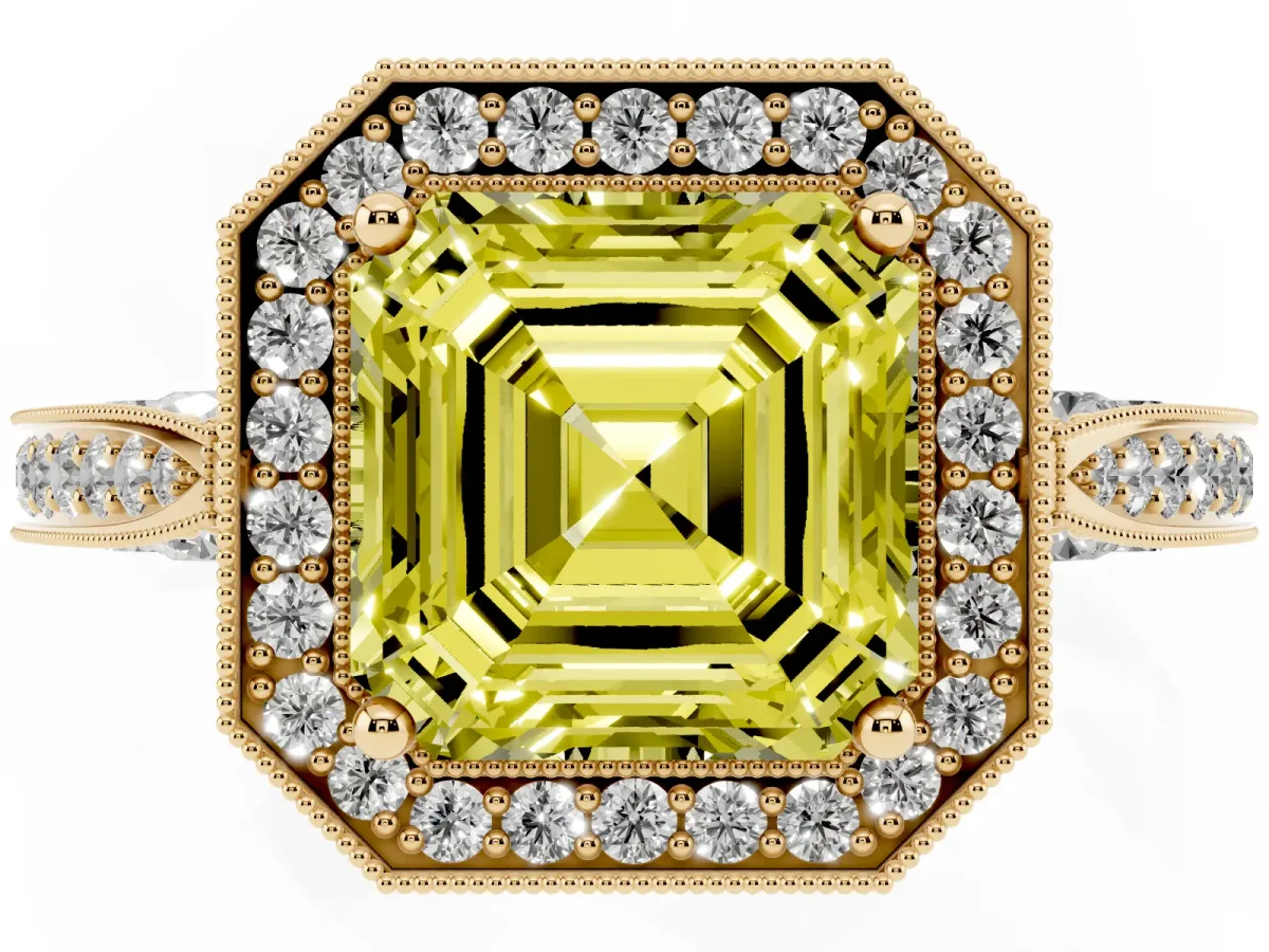 Fancy Yellow Asscher Cut Halo Diamond Engagement Ring with Split Shank Band and Four-Prong Setting Yellow gold
