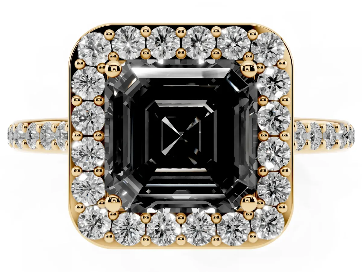 Fancy Black Asscher Cut Diamond Halo Engagement Ring with Round Pavé Shoulders and Prong Setting Yellow gold