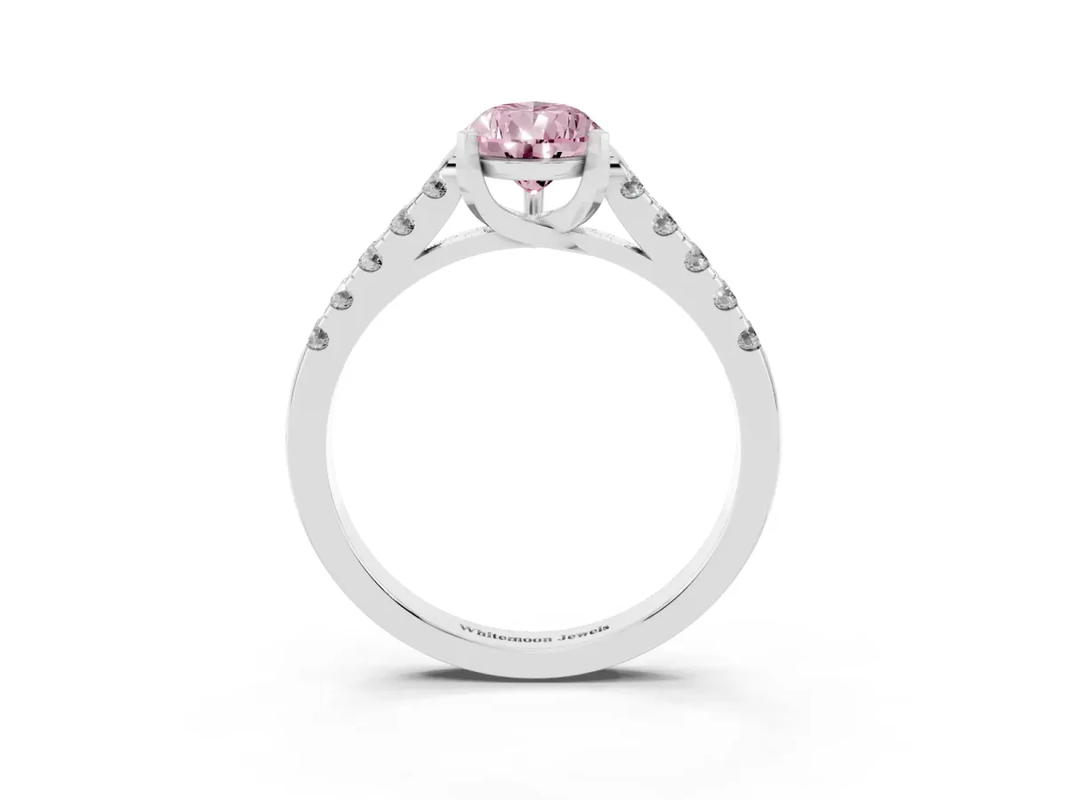 Fancy Pink Pear Cut Diamond Pavé Band Solitaire Ring with Prong Setting Silver