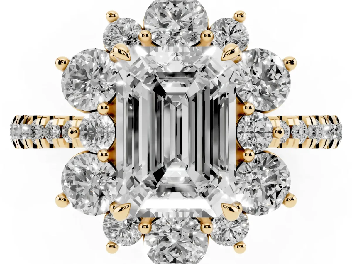 Emerald Cut Diamond Floral Halo Ring with Round Pavé Band and Prong Setting Yellow gold