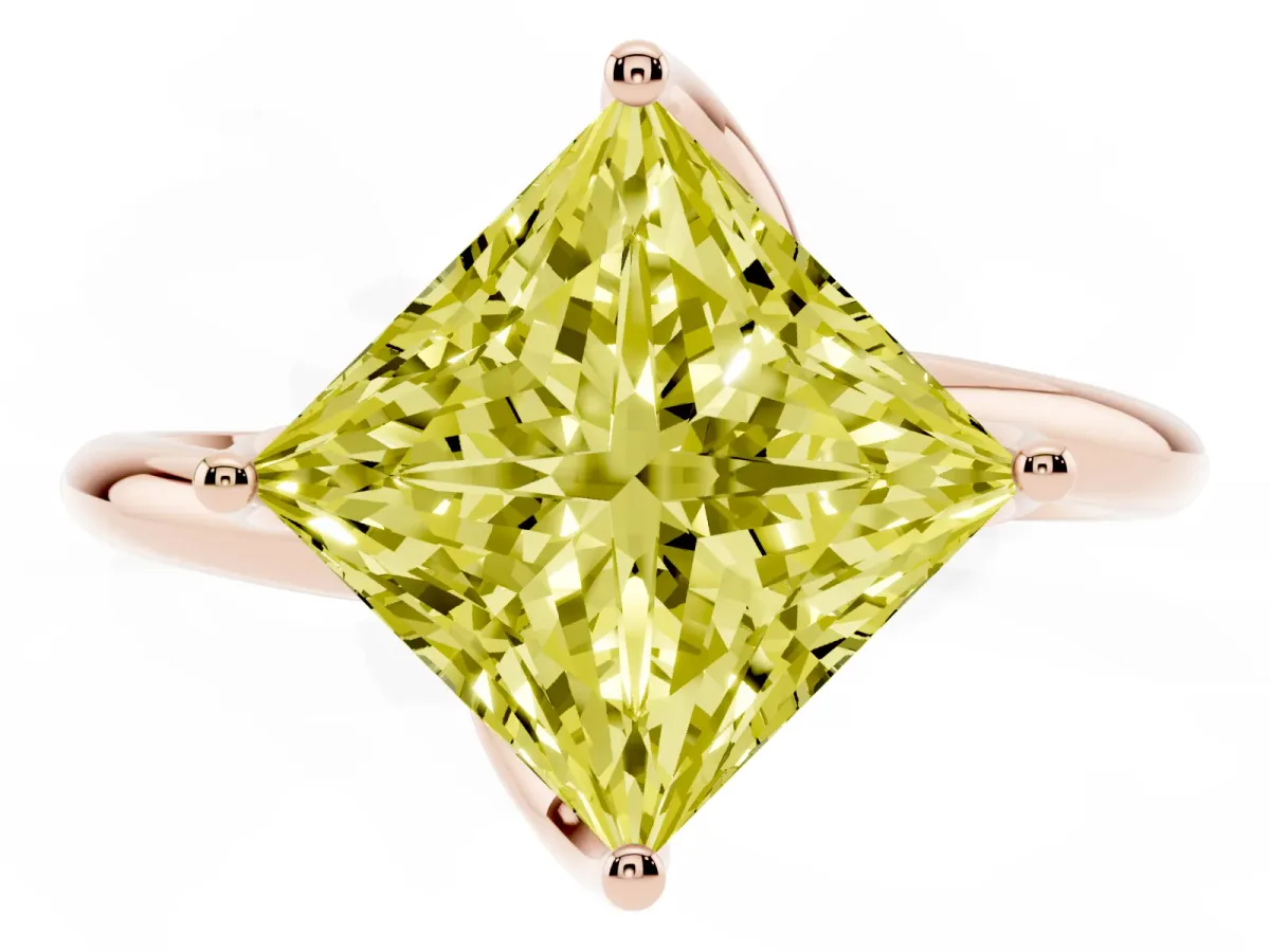 Fancy Yellow Princess Cut Diamond Solitaire Engagement Ring with Four-Prong Setting and Classic Band Rose gold