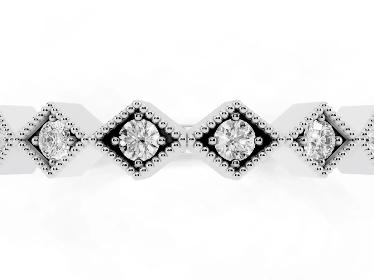 Milgrain Diamond Geometric Stackable Band with Round Cut Stones and Bezel Setting Silver