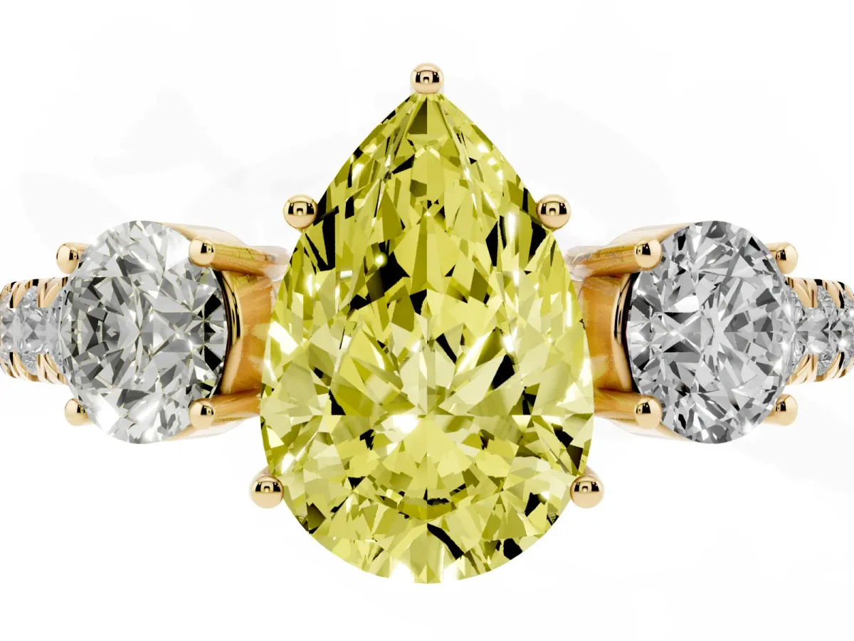 Fancy Yellow Pear Cut Cut Diamond Three-Stone Ring with Round Side Stones and Pavé Band Yellow gold