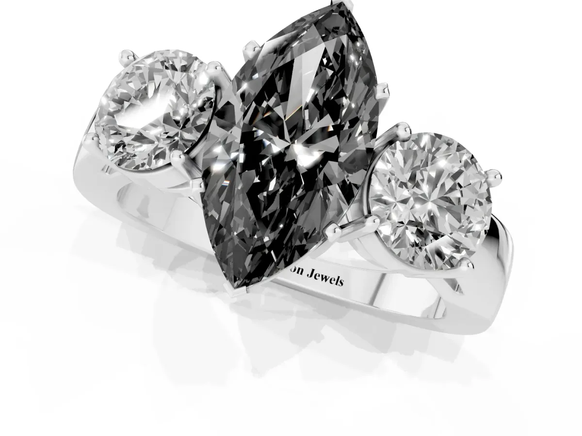 Fancy Black Three-Stone Marquise Cut Diamond Ring with Round Side Stones, Classic Band, and Four-Prong Setting Silver
