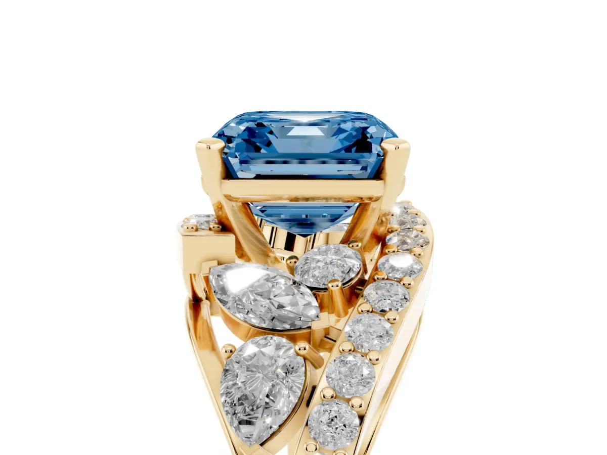 Fancy Blue Asscher Cut Diamond Halo Ring with Marquise and Pavé Band in Prong Setting Yellow gold