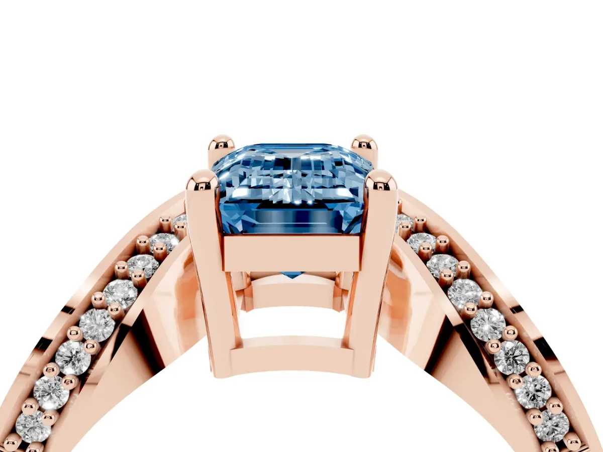 Fancy Blue Emerald Cut Solitaire Diamond Engagement Ring with Pave Band and Four-Prong Setting Rose gold