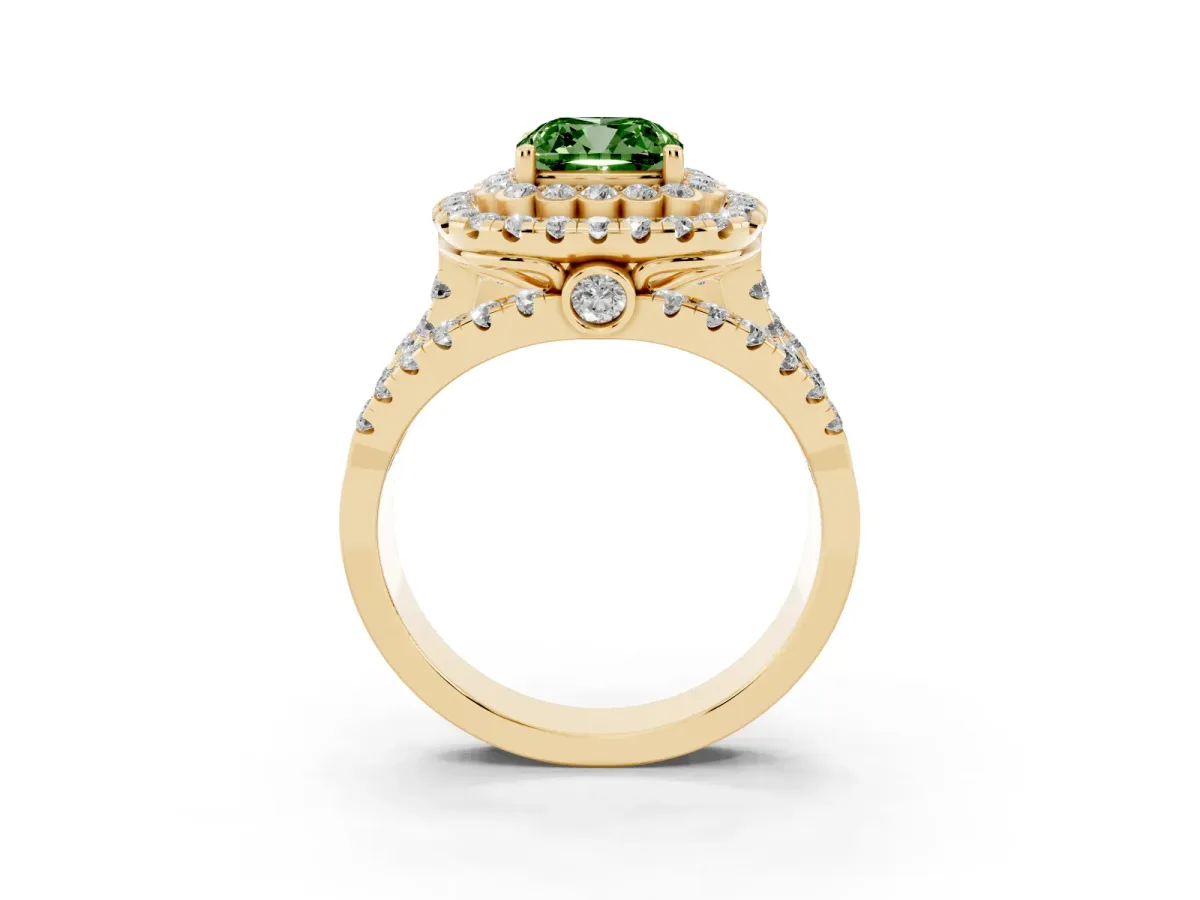 Fancy Green Cushion Cut Diamond Double Halo Ring with Round Pavé Split Shank and Prong Setting Yellow gold