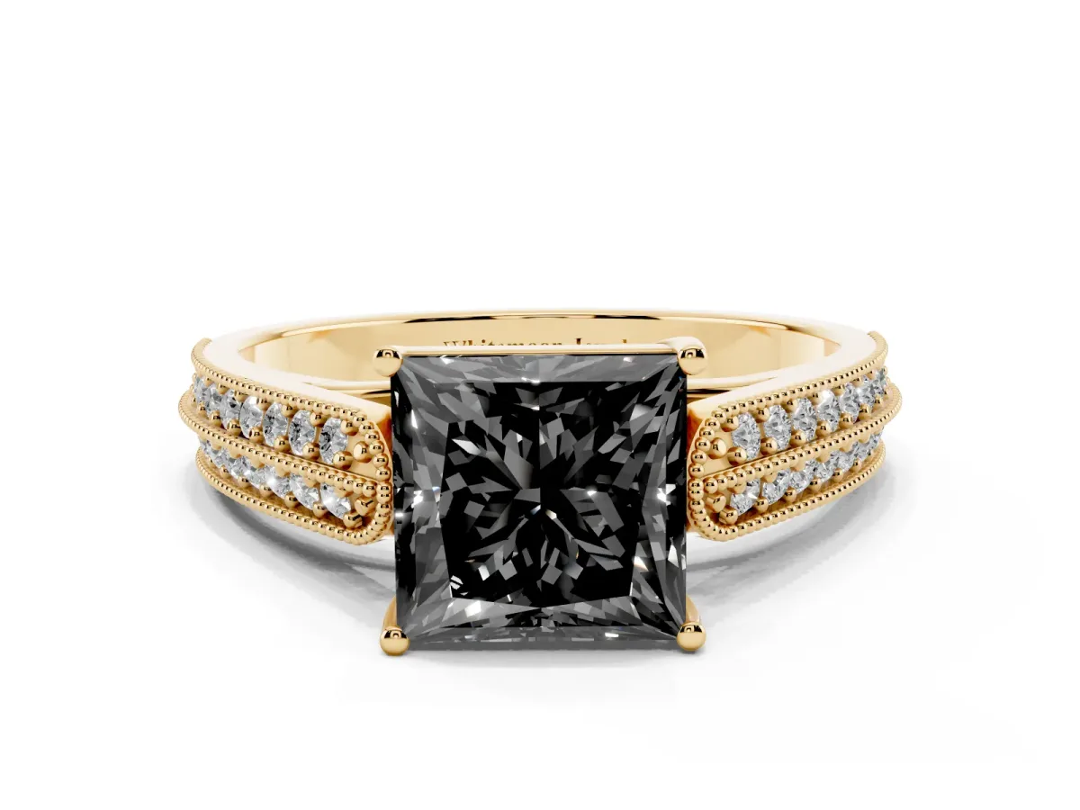 Fancy Black Princess Cut Cut Pave Split Shank Engagement Ring with Four-Prong Setting Yellow gold