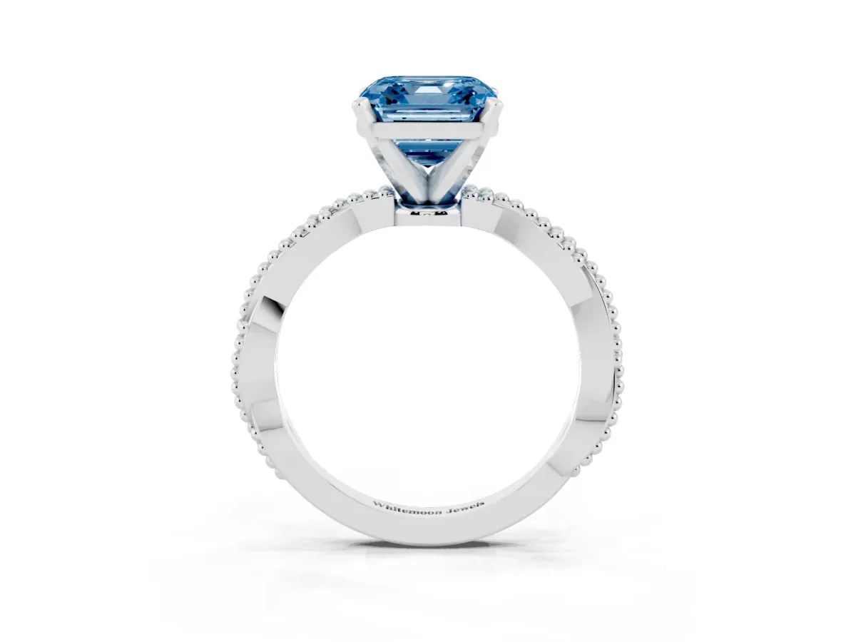 Fancy Blue Asscher Cut Solitaire Twisted Band with Bead Prong Setting White gold