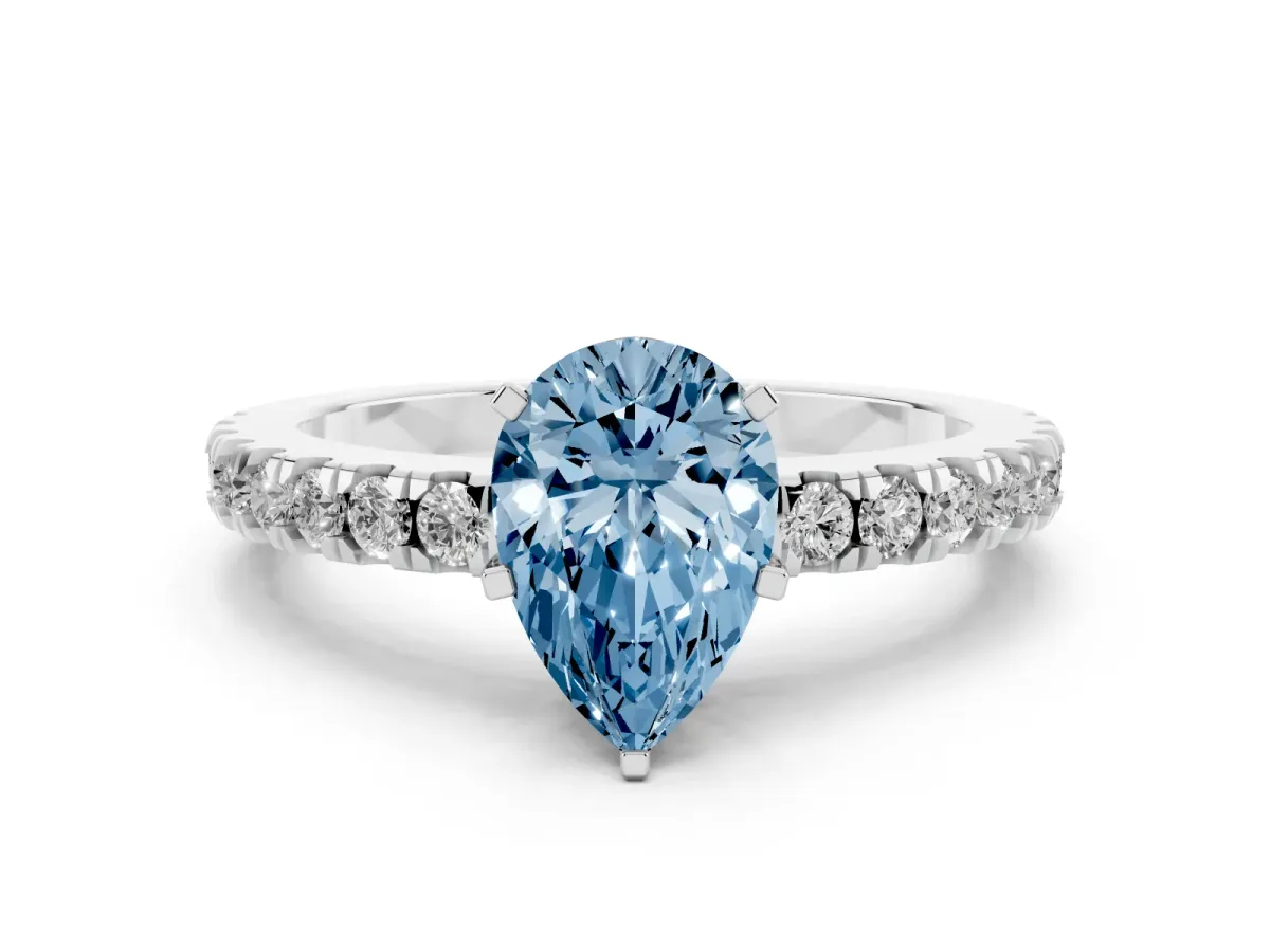 Fancy Blue Pear Cut Solitaire Diamond with Pavé Band and Four-Prong Setting Silver
