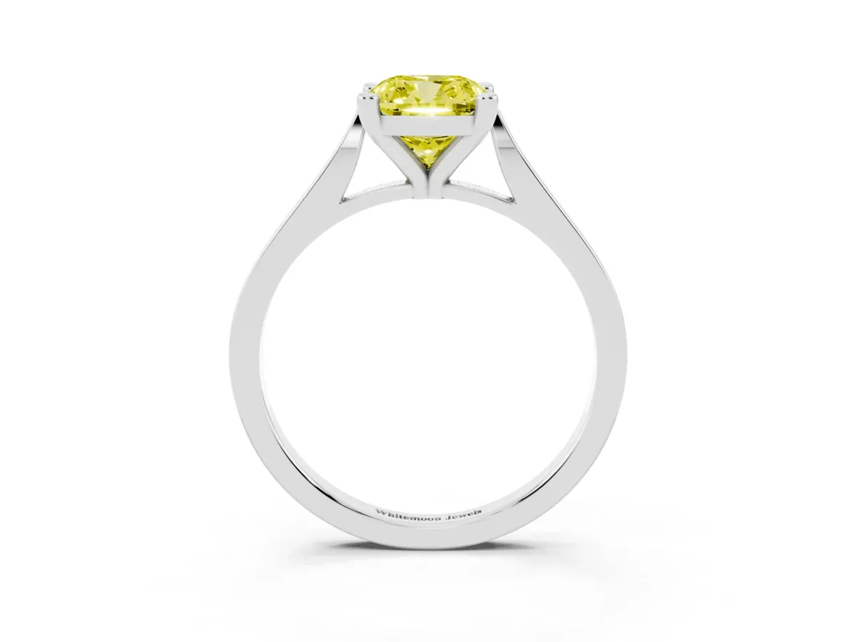 Fancy Yellow Cushion Cut Solitaire Diamond Ring with Four-Prong Setting and Tapered Band Silver