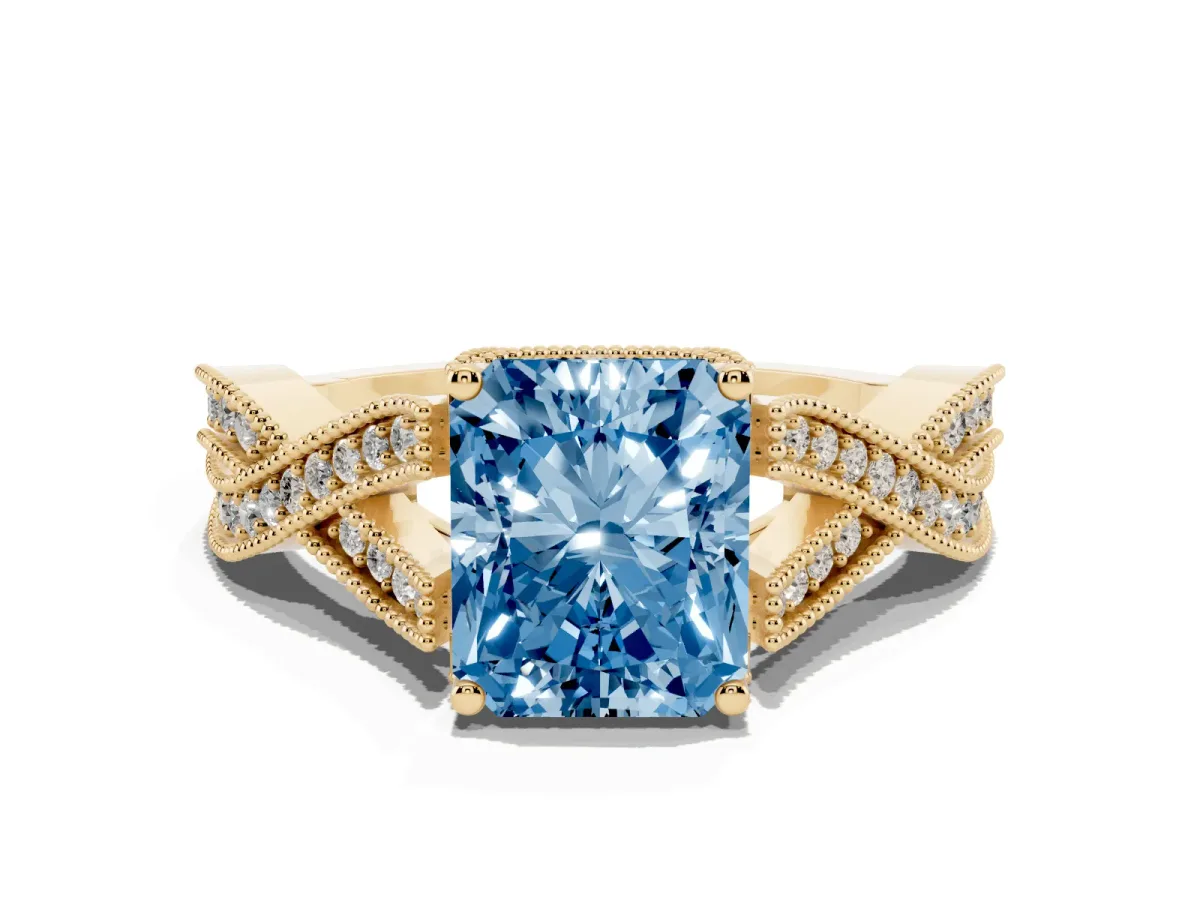 Fancy Blue Radiant Cut Cut Diamond Twisted Band with Milgrain Pave Setting and Four-Prong Setting Yellow gold