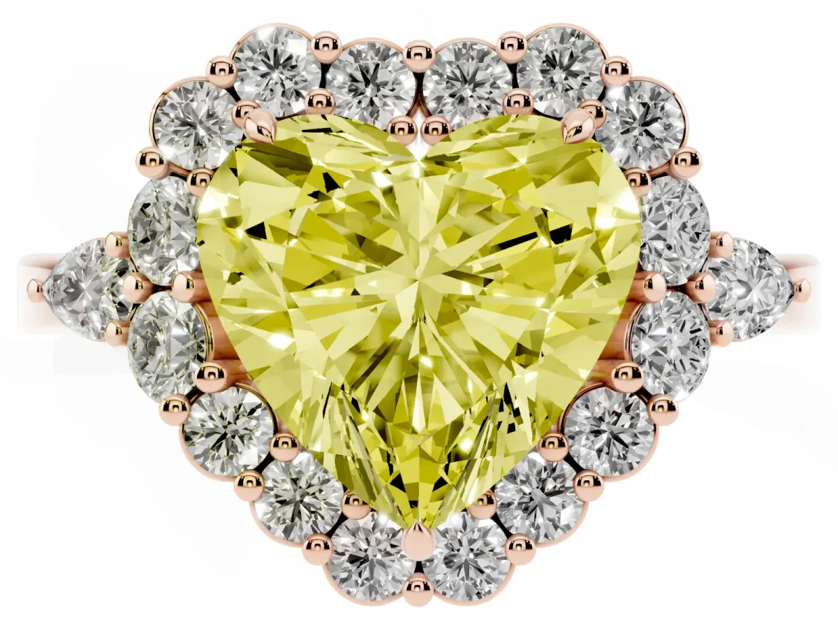 Fancy Yellow Heart Cut Diamond Halo Ring with Pear Side Stones and Prong Setting Rose gold