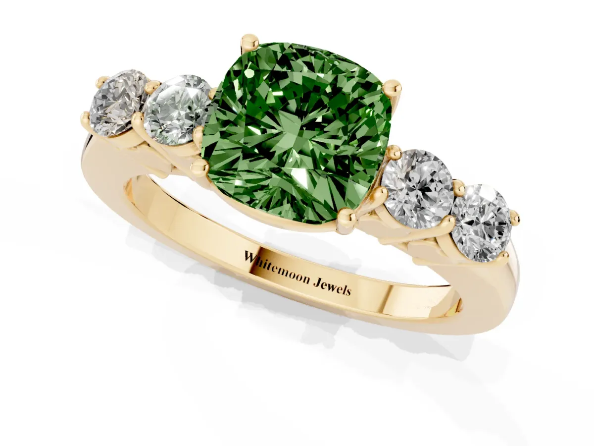 Fancy Green Cushion Cut Cut Diamond Five-Stone Prong Set White Gold Ring Yellow gold