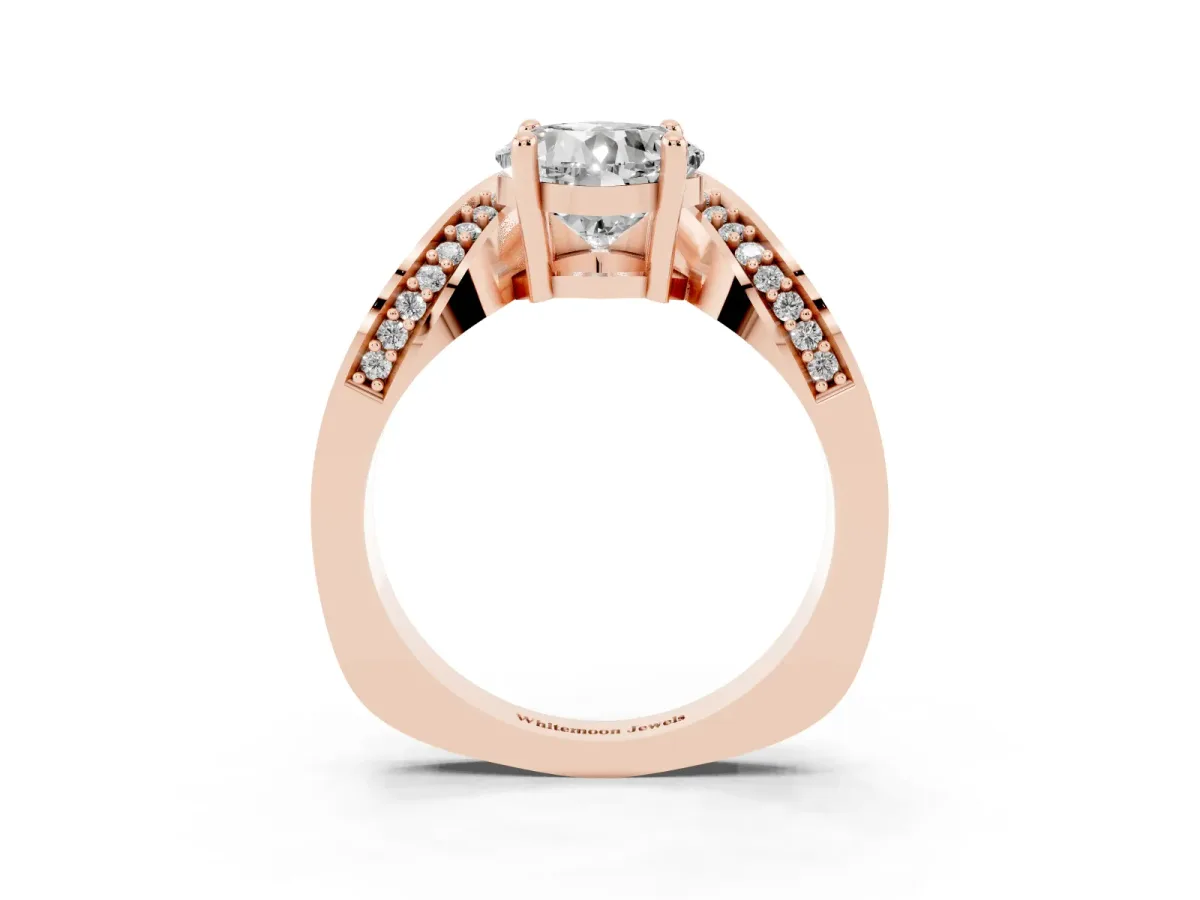 Cushion Cut Solitaire Diamond Engagement Ring with Pave Band and Four-Prong Setting Rose gold