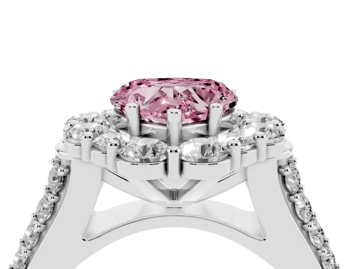 Fancy Pink Heart Cut Halo Diamond Engagement Ring with Split Shank and Prong Setting Silver