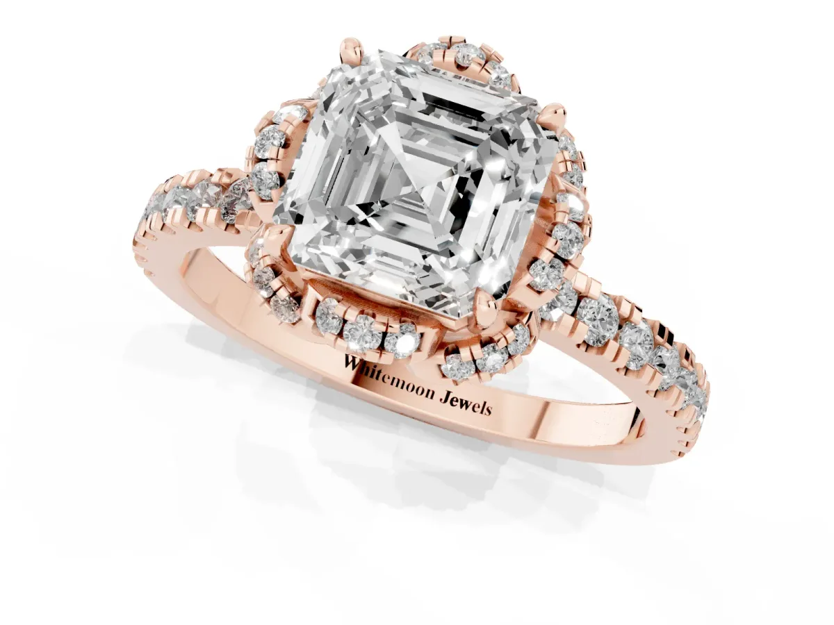 Asscher Cut Halo Diamond Pave Band Ring with Four-Prong Setting Rose gold