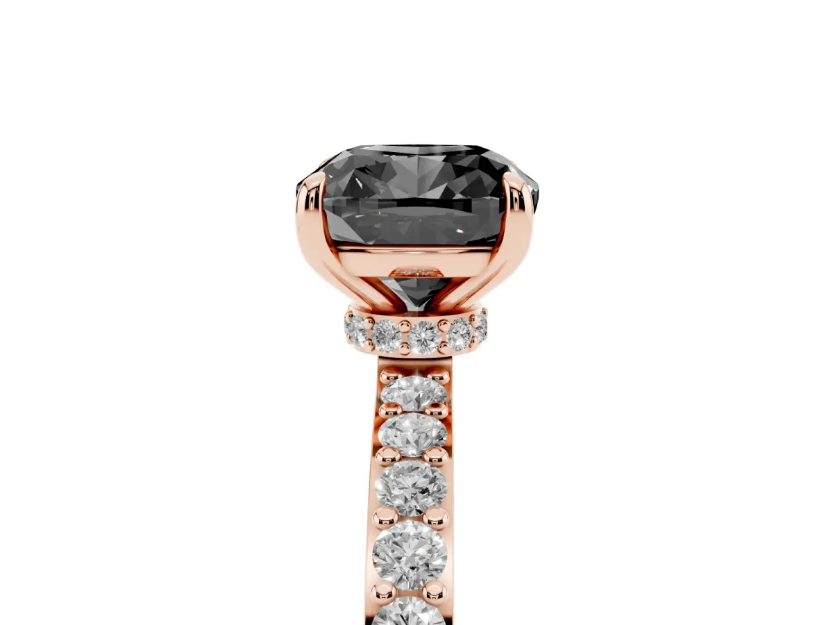 Fancy Black Cushion Cut Diamond Solitaire Engagement Ring with Pavé Band and Four-Prong Setting Rose gold