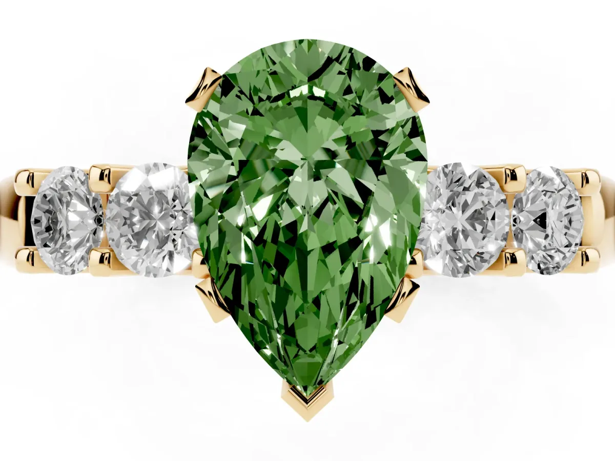 Fancy Green Pear Cut Brilliant Cut Diamond Five-Stone Prong Set Engagement Ring with Channel Band Yellow gold