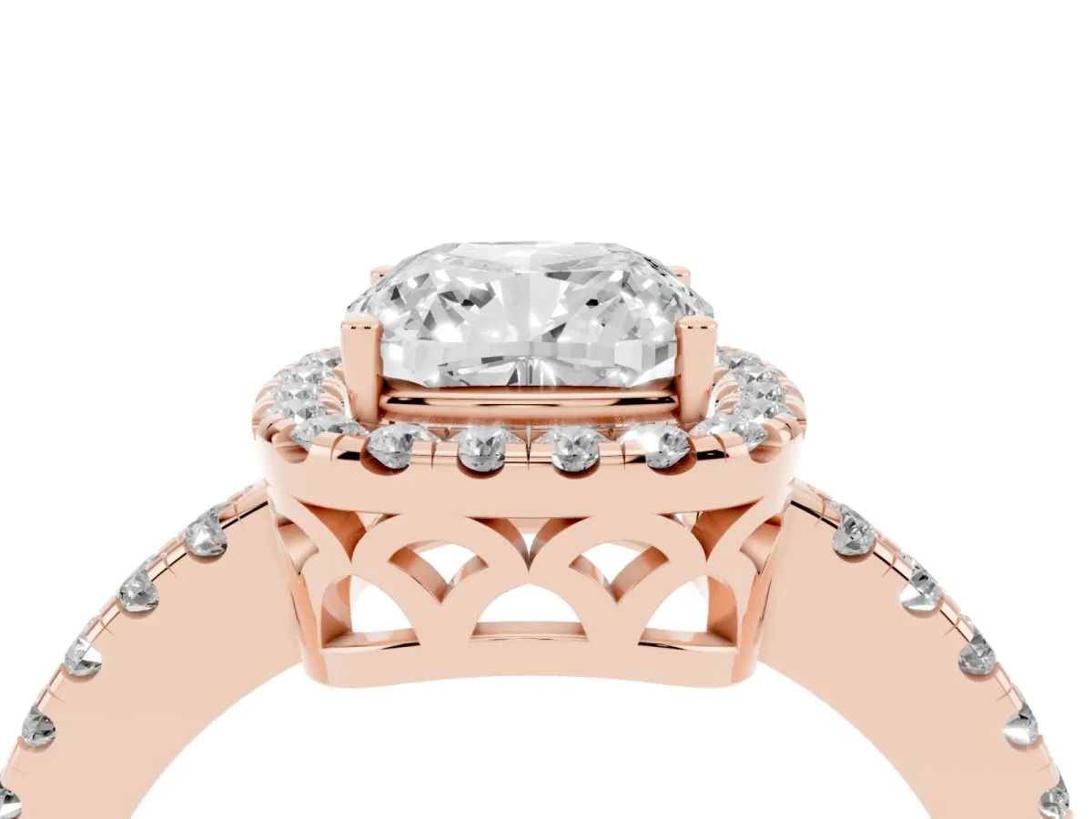 Cushion Cut Halo Diamond Engagement Ring with Pavé Band and Four-Prong Setting Rose gold