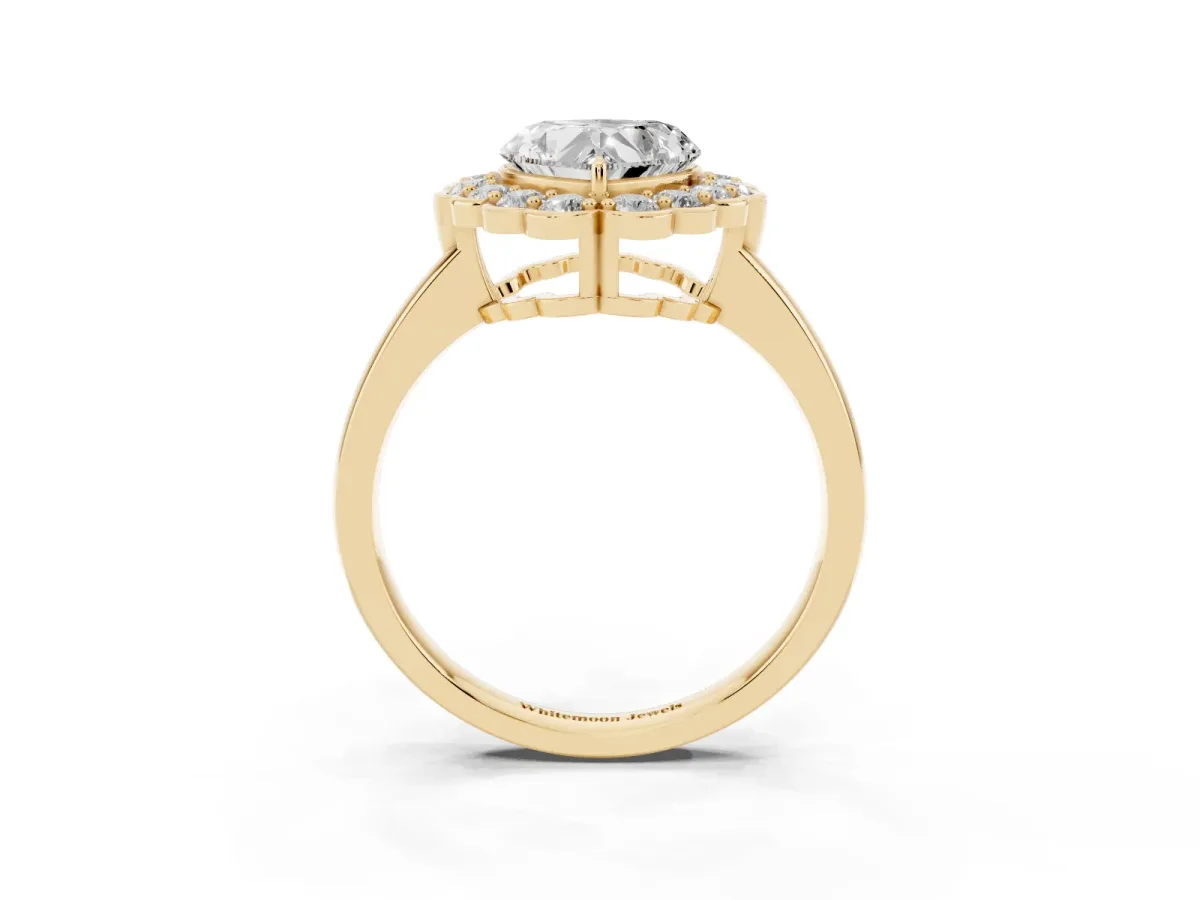 Heart Cut Halo Cluster Diamond Engagement Ring with Solitaire Band and Prong Setting Yellow gold