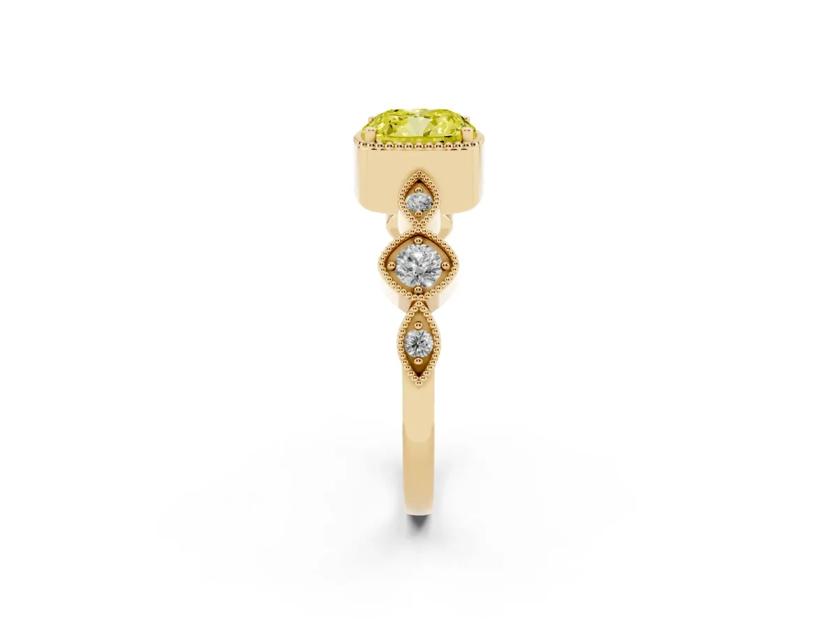 Fancy Yellow Cushion Cut Diamond Vintage Milgrain Ring with Round Stations Yellow gold