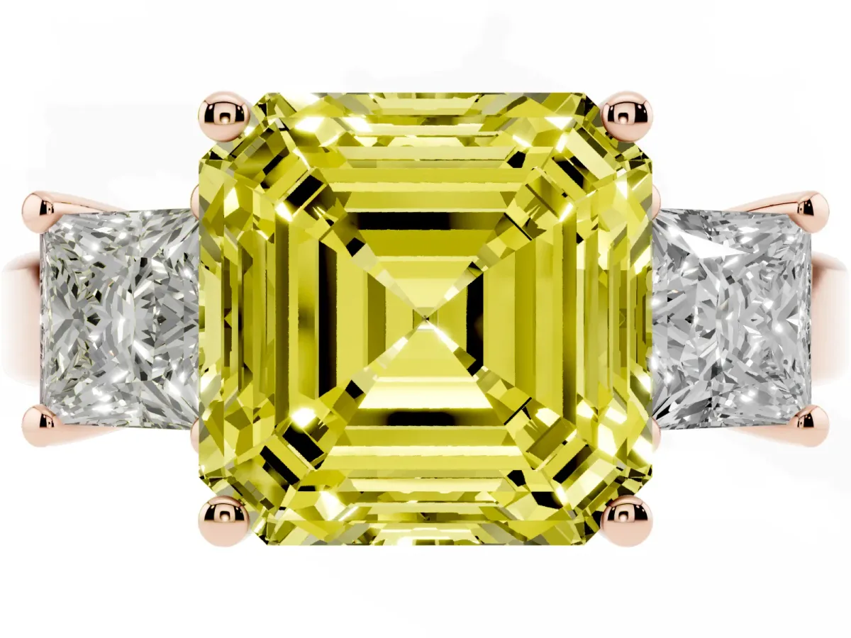 Fancy Yellow Three-Stone Asscher Cut Cut Solitaire Ring with Prong Setting Rose gold