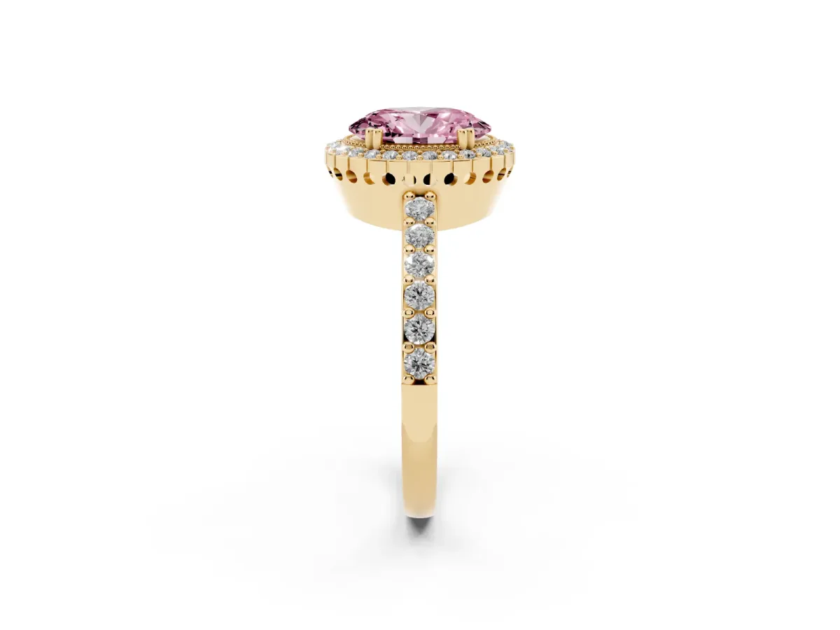 Fancy Pink Oval Cut Cut Diamond Halo Engagement Ring with Milgrain Detail and Pavé Band Yellow gold