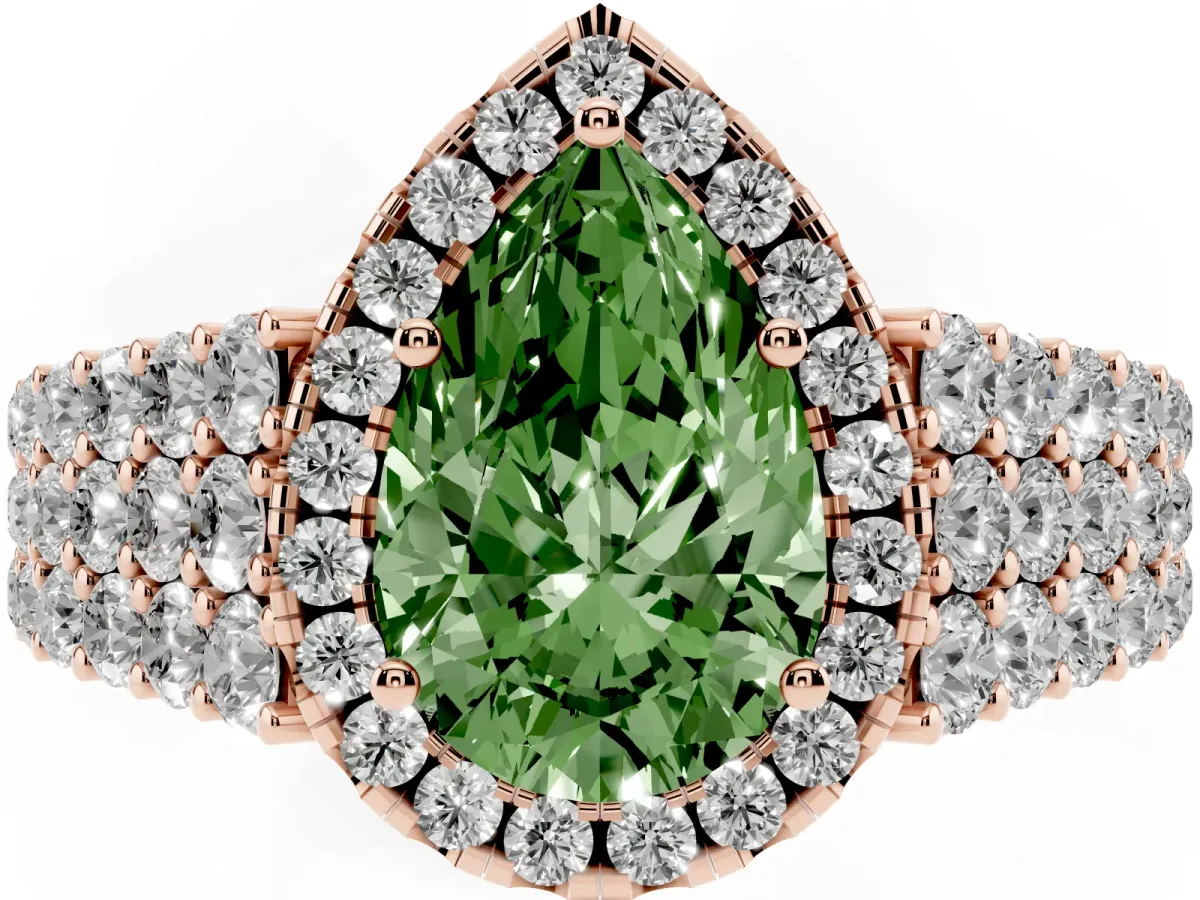 Fancy Green Pear Cut Diamond Halo Engagement Ring with Triple Row Round Pavé Band and Prong Setting Rose gold