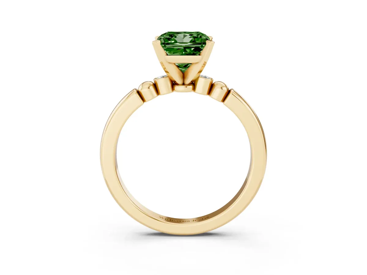 Fancy Green Princess Cut Solitaire Beaded Band with Four-Prong Setting Yellow gold