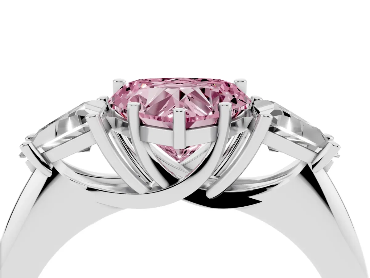 Fancy Pink Three-Stone Heart Cut Diamond Engagement Ring with Trillion Side Stones and Prong Setting Silver