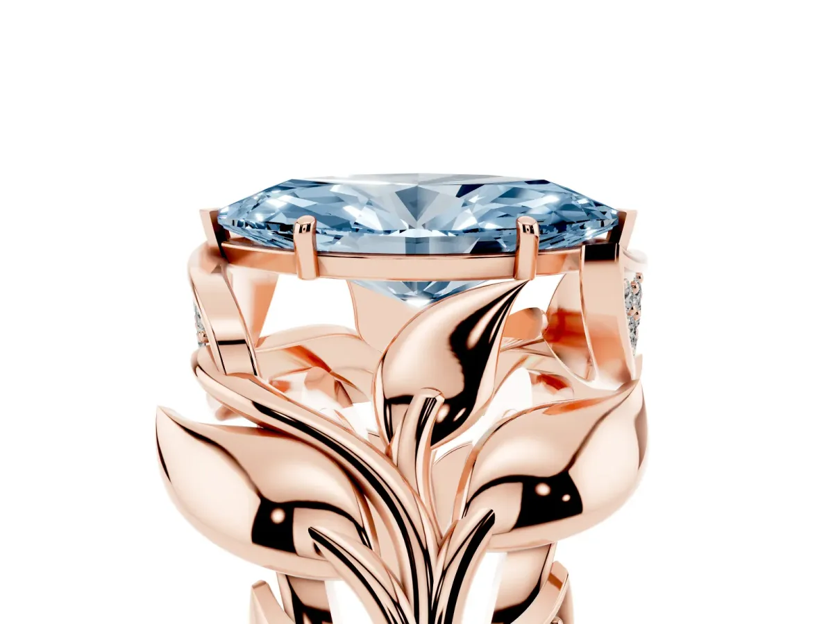 Fancy Blue Marquise Cut Diamond Leaf-Inspired Engagement Ring with Round Accents and Prong Setting Rose gold