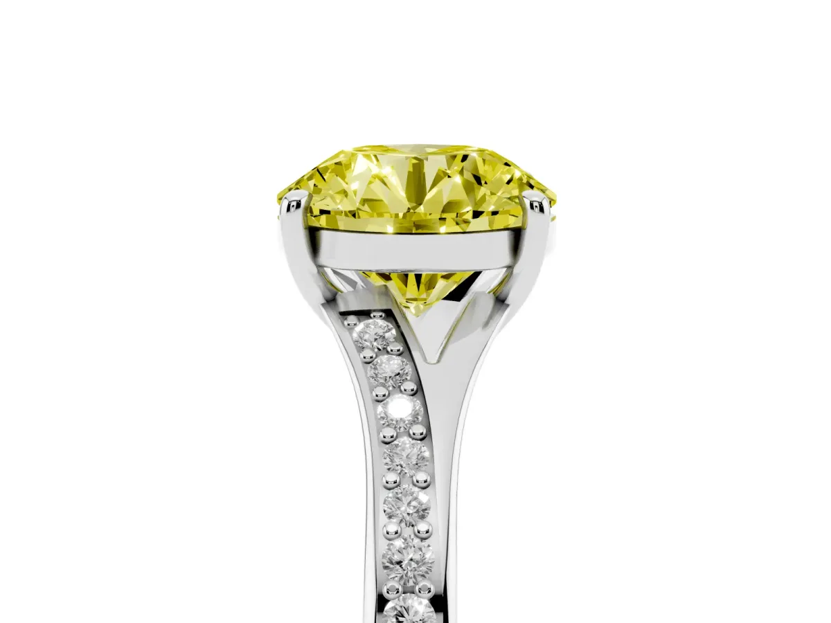 Fancy Yellow Round Cut Diamond Solitaire Ring with Pavé Band and Prong Setting Silver