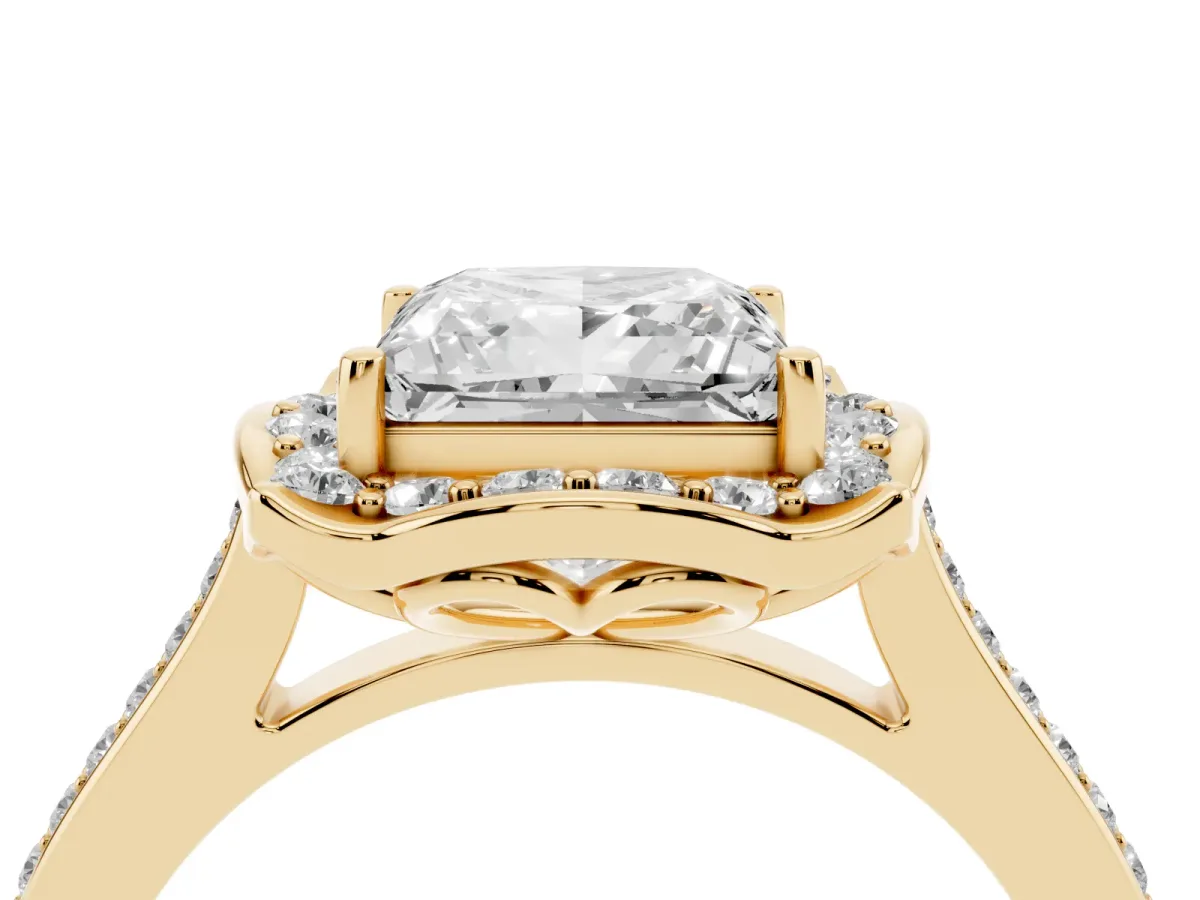Princess Cut Halo Round Diamond Pave Band with Four-Prong Setting Yellow gold