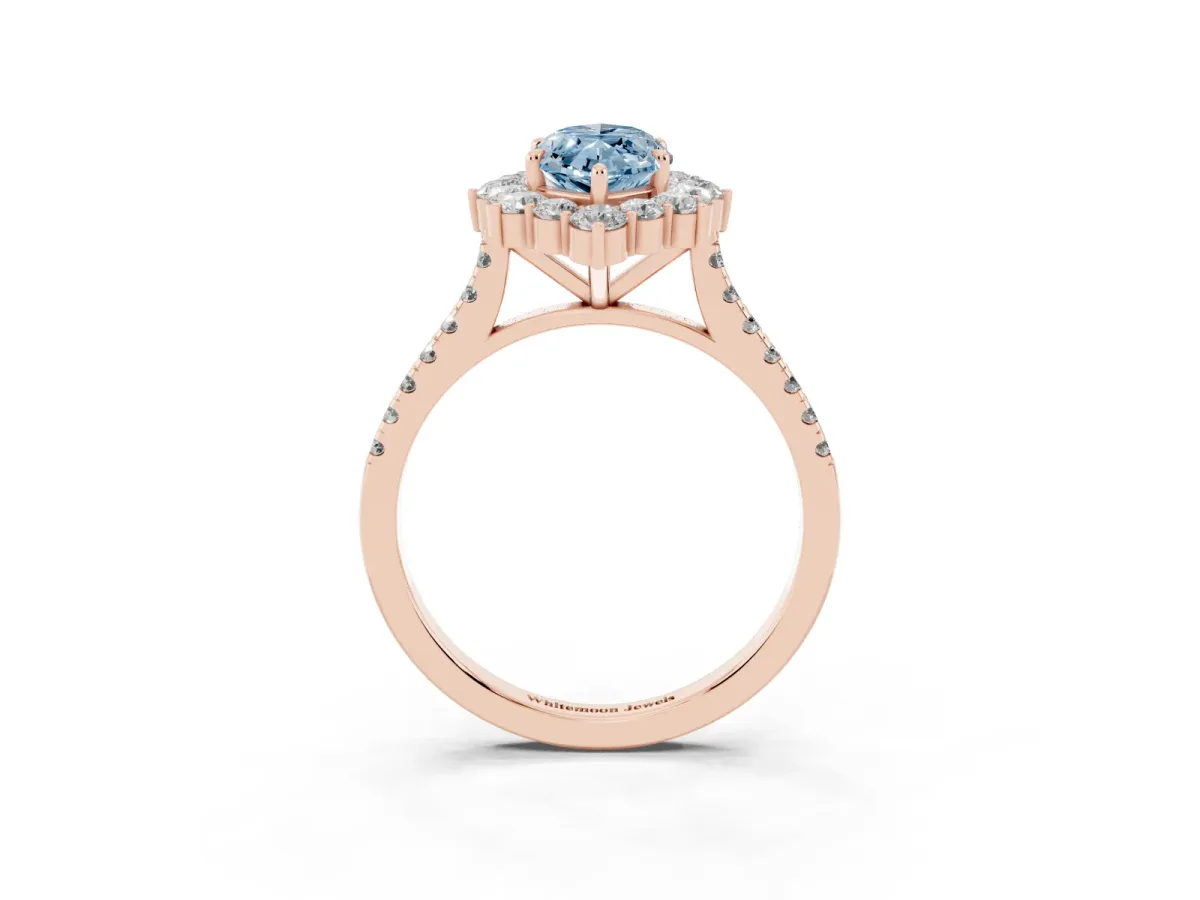 Fancy Blue Marquise Cut Halo Diamond Ring with Pavé Band and Prong Setting Rose gold