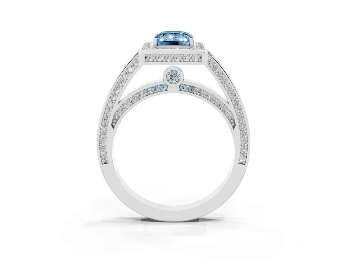 Fancy Blue Emerald Cut Cut Halo Pave Split Shank Prong Setting Ring Platinum