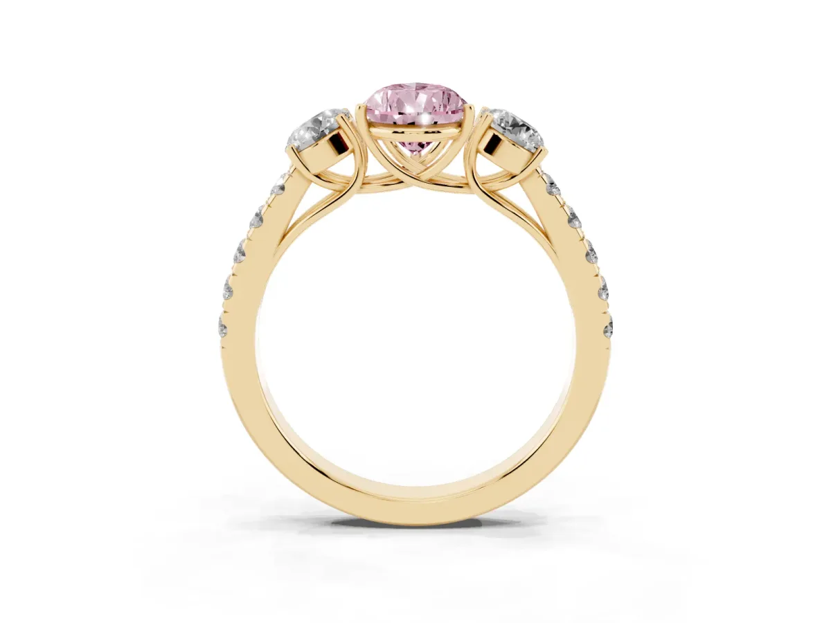 Fancy Pink Pear Cut Cut Diamond Three-Stone Ring with Round Side Stones and Pavé Band Yellow gold