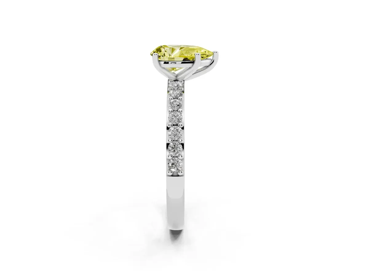Fancy Yellow Pear Cut Cut Diamond Solitaire with Pave Band and Four-Prong Setting Silver