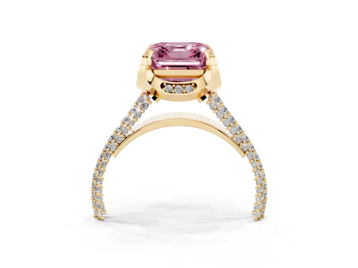 Fancy Pink Asscher Cut Solitaire Pave Split Shank Ring with Four-Prong Setting Yellow gold